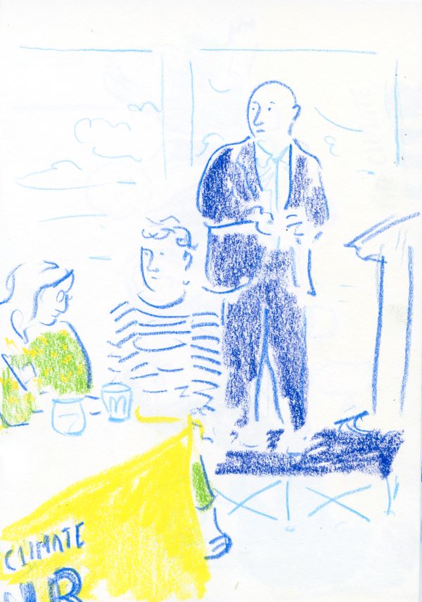 Line drawing of three people at a conference